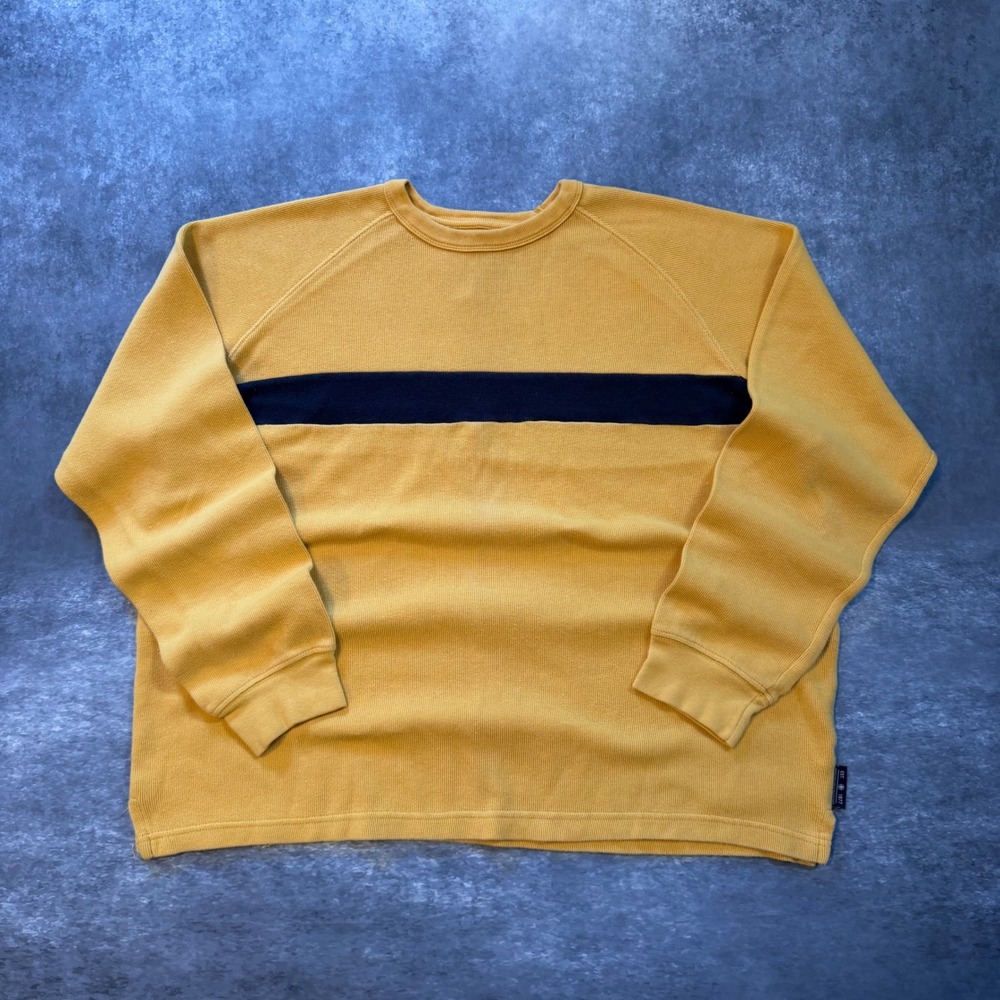 Vintage American Eagle Thermal Shirt Mustard Yellow Navy Stripe Crewneck Men's L